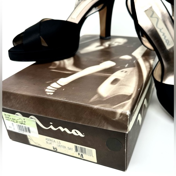 Nina Black Satin Crisscross Peep-Toe Platform Heels - Picture 2 of 4